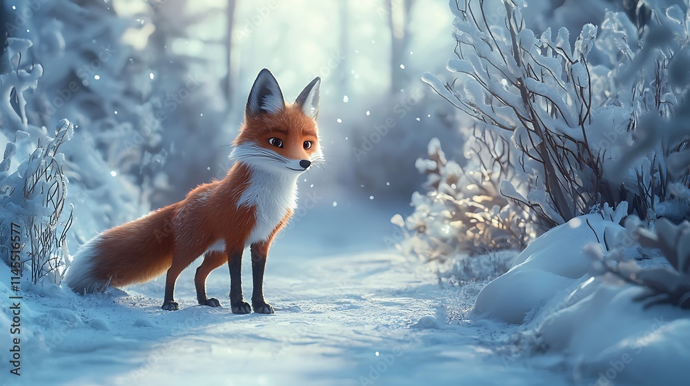 Fototapeta premium A fox is standing in the snow, looking at the camera