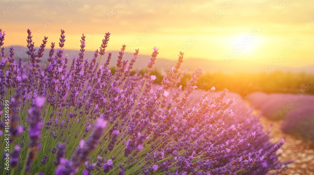 Obraz premium Blooming Lavender Field Under Golden Sunset Sky Landscape