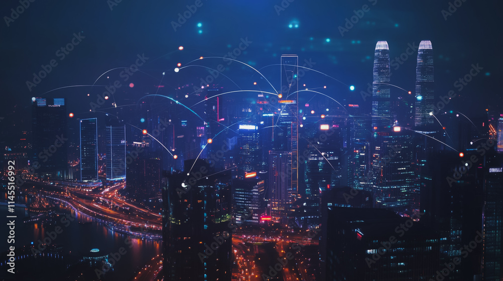 Fototapeta premium Smart digital Innovation city with connection network reciprocity over the cityscape. of future smart wireless city and social media networking systems that connects business people with in city