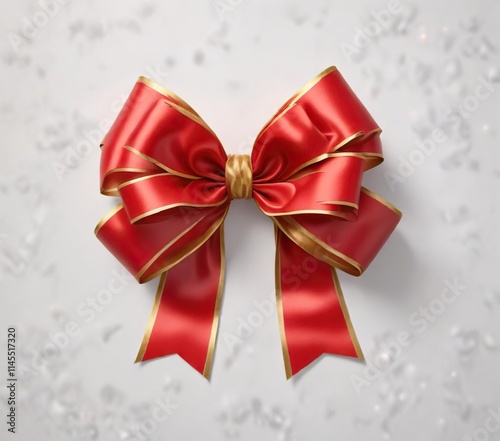 Large red gift bow with gold border on a snow-white background, luxury gift, festive season