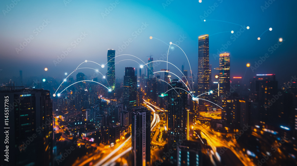 Fototapeta premium Smart digital Innovation city with connection network reciprocity over the cityscape. of future smart wireless city and social media networking systems that connects business people with in city
