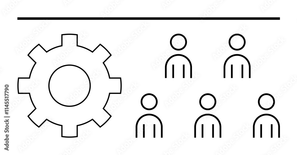 Gear symbol and five people icons aligned under a line. Ideal for teamwork, collaboration, organization, management, unity, efficiency, and processes concepts. Line metaphor Gear symbol and five people icons aligned under a line. Ideal for teamwork, collaboration, organization, management, unity, efficiency, and processes concepts. Line metaphor