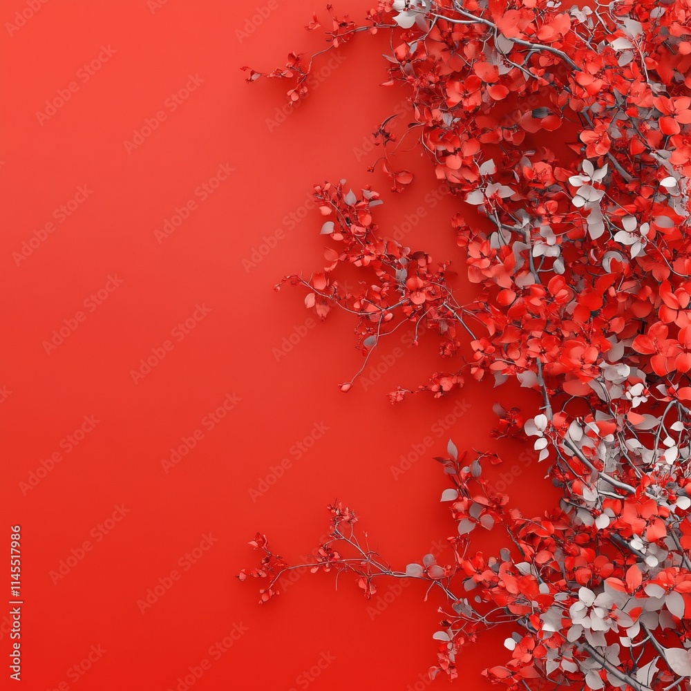 Red Floral Branch Design on Red Background Minimalist Art Red Floral Branch Design on Red Background Minimalist Art