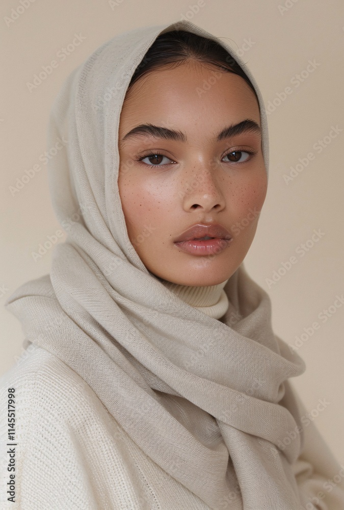A headshot of fashion photoshot of beautiful woman model wearing gray hijab A headshot of fashion photoshot of beautiful woman model wearing gray hijab