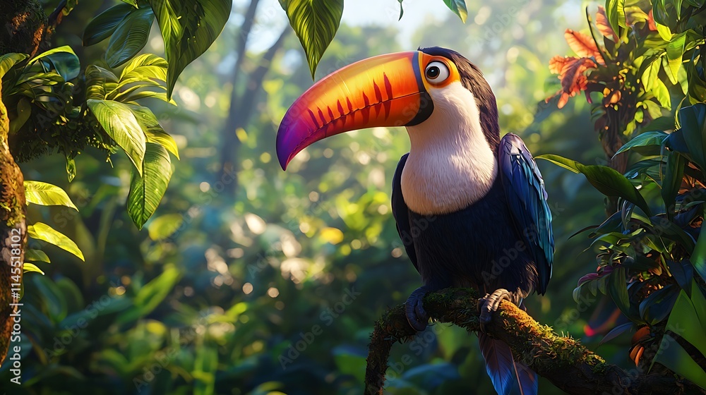Obraz premium A colorful bird with a long beak is perched on a tree branch in a lush green for