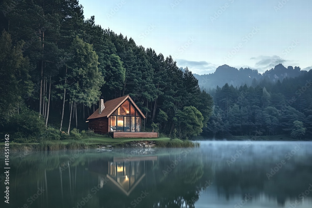 Fototapeta premium Serene Lakeside Cabin in the Wilderness by Generative Ai