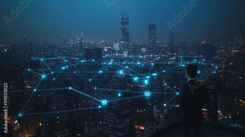 Wallpaper Mural Smart digital Innovation city with connection network reciprocity over the cityscape. of future smart wireless city and social media networking systems that connects business people with in city Torontodigital.ca