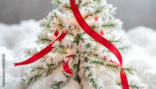 there is a small christmas tree with a red ribbon on it. photo