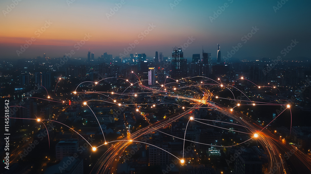 Fototapeta premium Smart digital Innovation city with connection network reciprocity over the cityscape. of future smart wireless city and social media networking systems that connects business people with in city