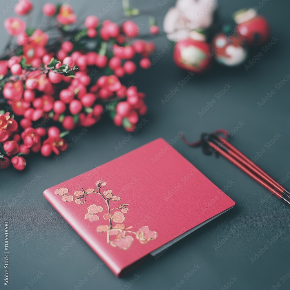 Red Notebook with Plum Blossom Design and Chopsticks near Festive Decor