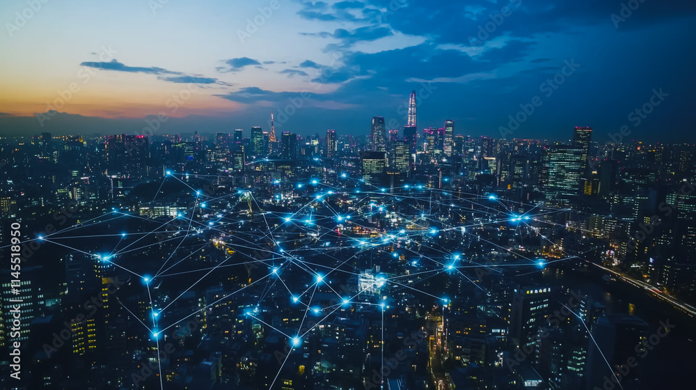 Obraz premium Smart digital Innovation city with connection network reciprocity over the cityscape. of future smart wireless city and social media networking systems that connects business people with in city
