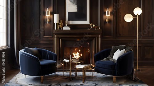 Sophisticated winter interior featuring navy blue armchairs, metallic decor, and a cozy hearth with a modern brass fire screen. photo