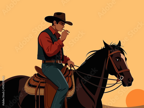 cowboy lighting a cigarrete while mounting a horse