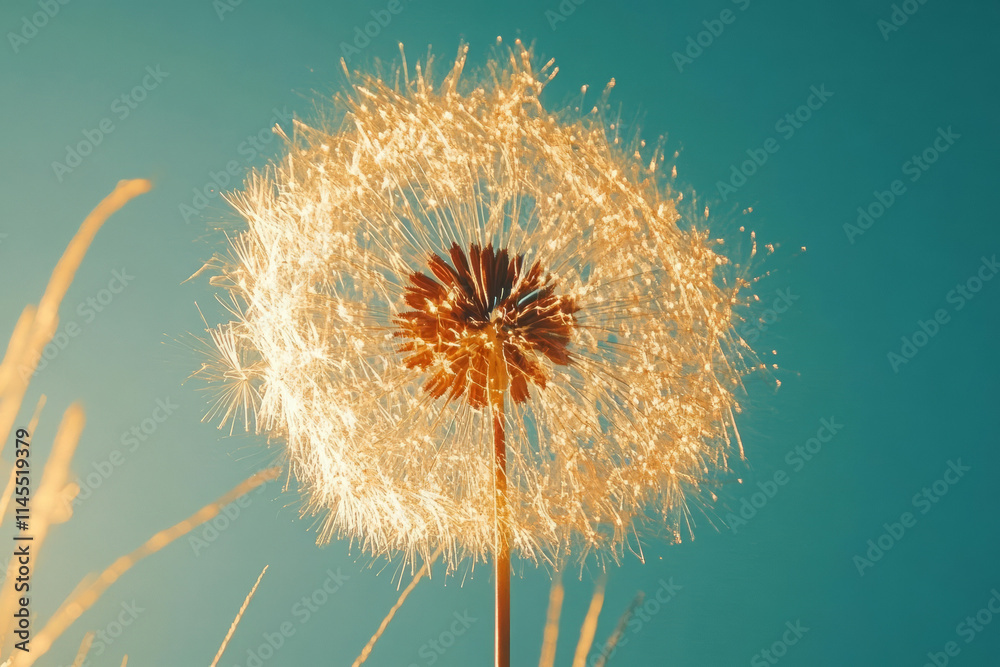 close up of dandelion puff illuminated by sunlight against blue sky