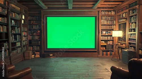 Basement library with large green screen frame for chroma key editing