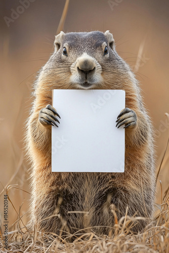 Groundhog holding an empty white board in an open field, groundhog day photo