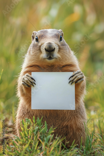 Ground hog holding an empty white board in a grassland, groundhog holding an empty white board, groundhog day background  photo