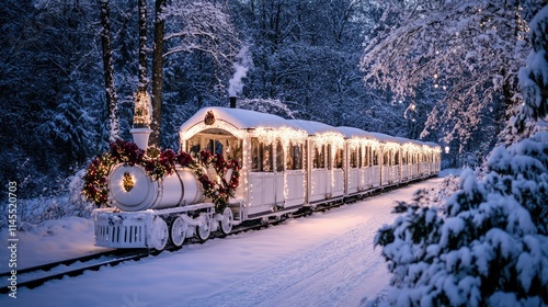 White Christmas train in snowy forest at night, illuminated with fairy lights.