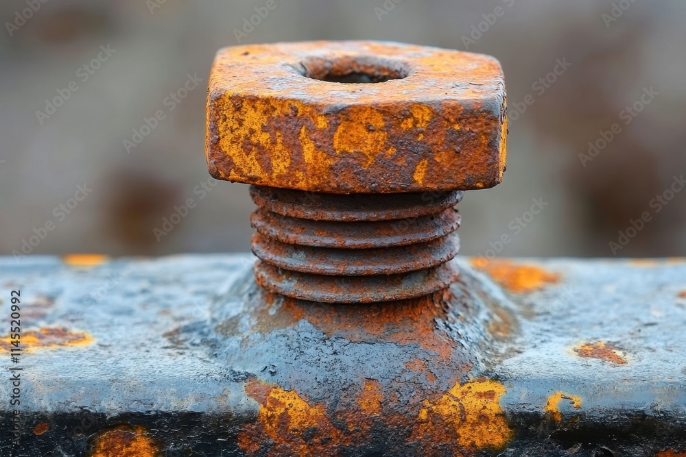 Rust spreading on a standard metal bolt close-up macro photography industrial setting focused perspective capturing the beauty of decay Rust spreading on a standard metal bolt close-up macro photography industrial setting focused perspective capturing the beauty of decay