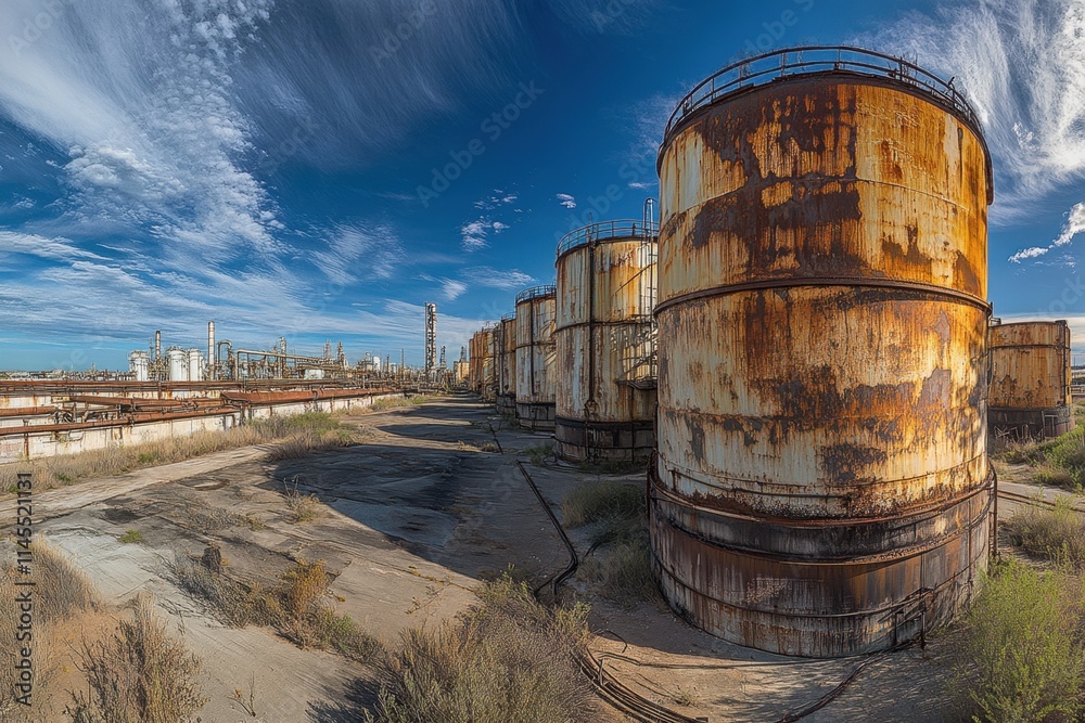 Rusting industrial tanks reflecting massive oil refinery abandoned site in desert landscape panoramic view capturing the essence of decay and industry Rusting industrial tanks reflecting massive oil refinery abandoned site in desert landscape panoramic view capturing the essence of decay and industry