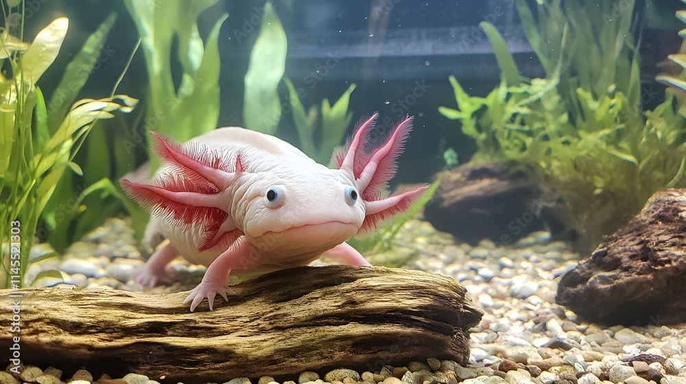 Obraz premium A Pink Axolotl Poses on a Log in an Aquarium