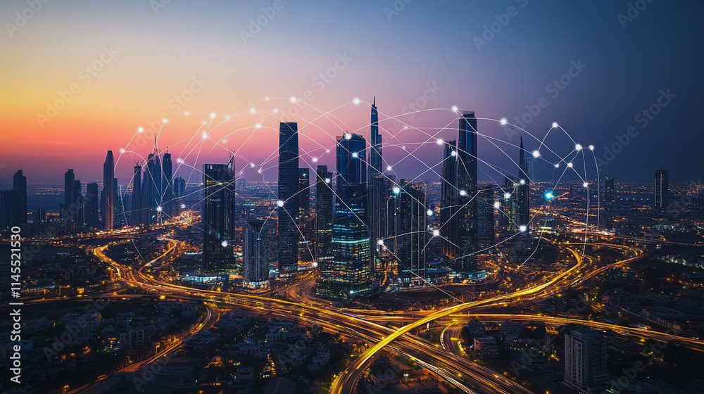 Fototapeta premium Smart digital Innovation city with connection network reciprocity over the cityscape. of future smart wireless city and social media networking systems that connects business people with in city