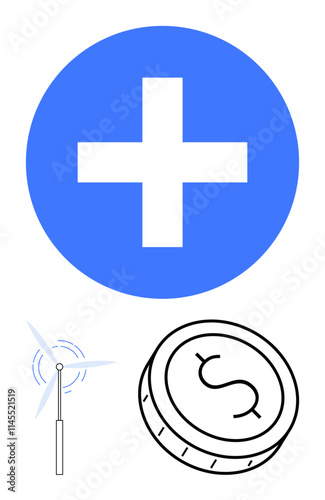 Blue cross inside circle, black outline of wind turbine, coin with dollar sign. Ideal for renewable energy, investment, finance, health, sustainability economics technology. Line metaphor