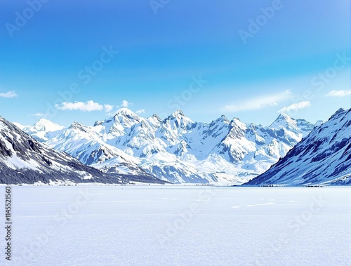 Panoramic view of a snow-covered mountain range with a frozen lake, snow, winter wonderland