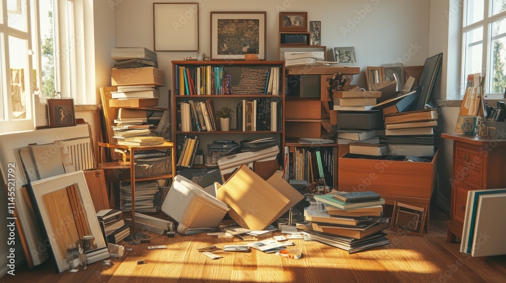 A Messy Room Filled with Books, Boxes, and Papers A Messy Room Filled with Books, Boxes, and Papers