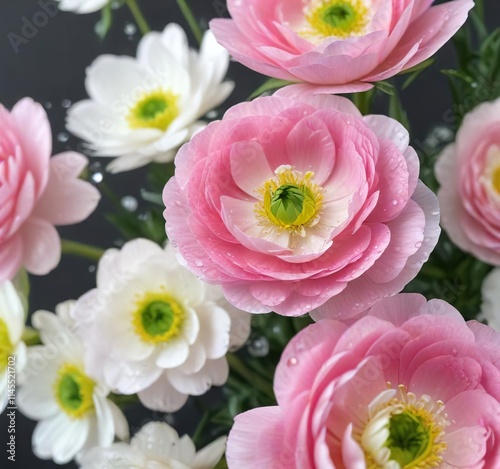 Pink and white ranunculus flowers with water droplets on petals, dew, fresh, moisture