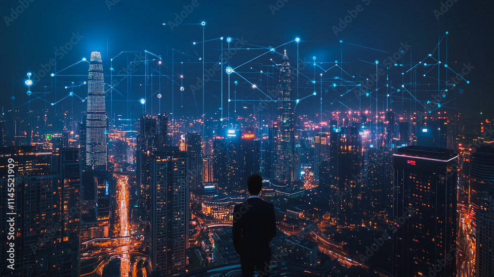 Smart digital city with connection cyber security network reciprocity over the cityscape . future smart wireless digital city and social media networking systems that connects people within the city Smart digital city with connection cyber security network reciprocity over the cityscape . future smart wireless digital city and social media networking systems that connects people within the city