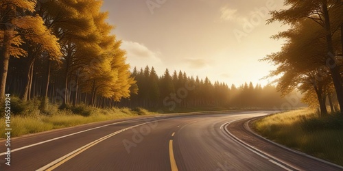 Picturesque race track winding through dense trees under golden sky, trees, sky