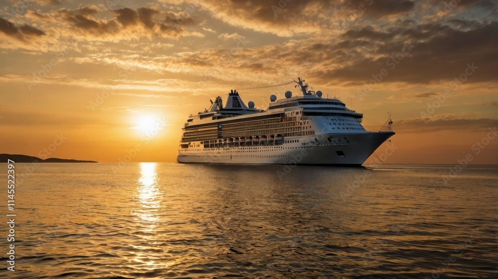 cruise ship sailing , Golden sunset framing a cruise ship on tranquil waters
cruise ship sailing , Golden sunset framing a cruise ship on tranquil waters