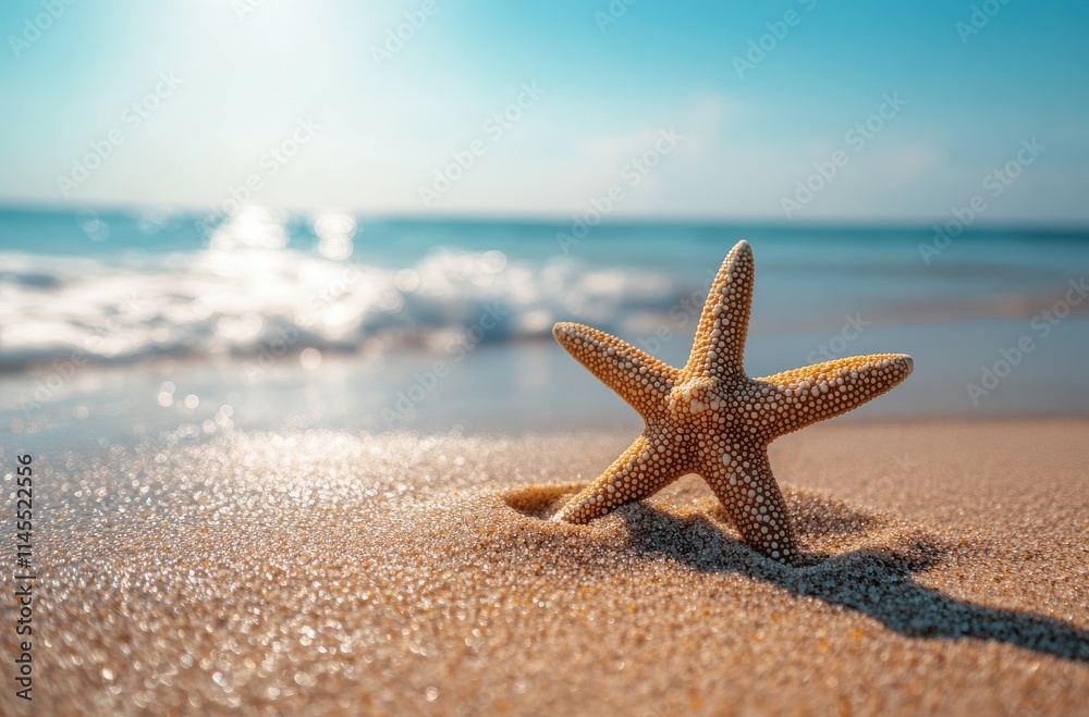 Starfish on a Sandy Beach Under Bright Sunlight with Gentle Waves Lapping at the Shore in a Serene Coastal Scene Evoking Peace and Tranquility Starfish on a Sandy Beach Under Bright Sunlight with Gentle Waves Lapping at the Shore in a Serene Coastal Scene Evoking Peace and Tranquility