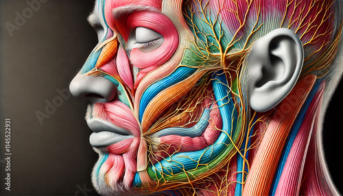 Artistic depiction of human cheek structure in cross-section, highlighting layers of skin, nerves, and muscles in vibrant colors for anatomy education. photo