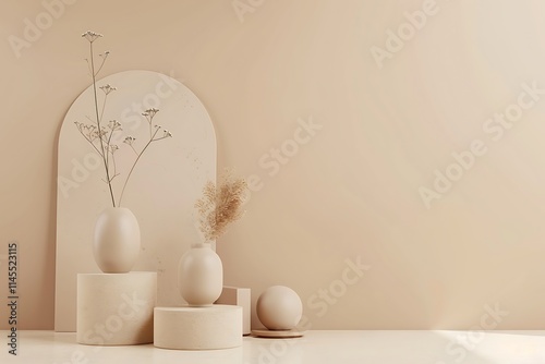 Minimalist abstract scene featuring geometric shapes against a soft pink cream backdrop, Aesthetic white and beige podium with pastel matte spheres of different sizes. Sun rays. Luxury concept.