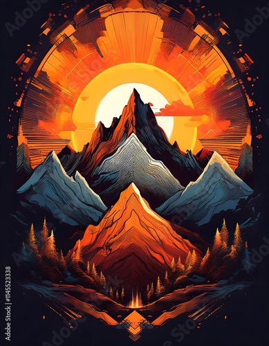 Vibrant sunset over geometric mountains design for t shirt with sun rays illuminating the landscape. Generative AI photo