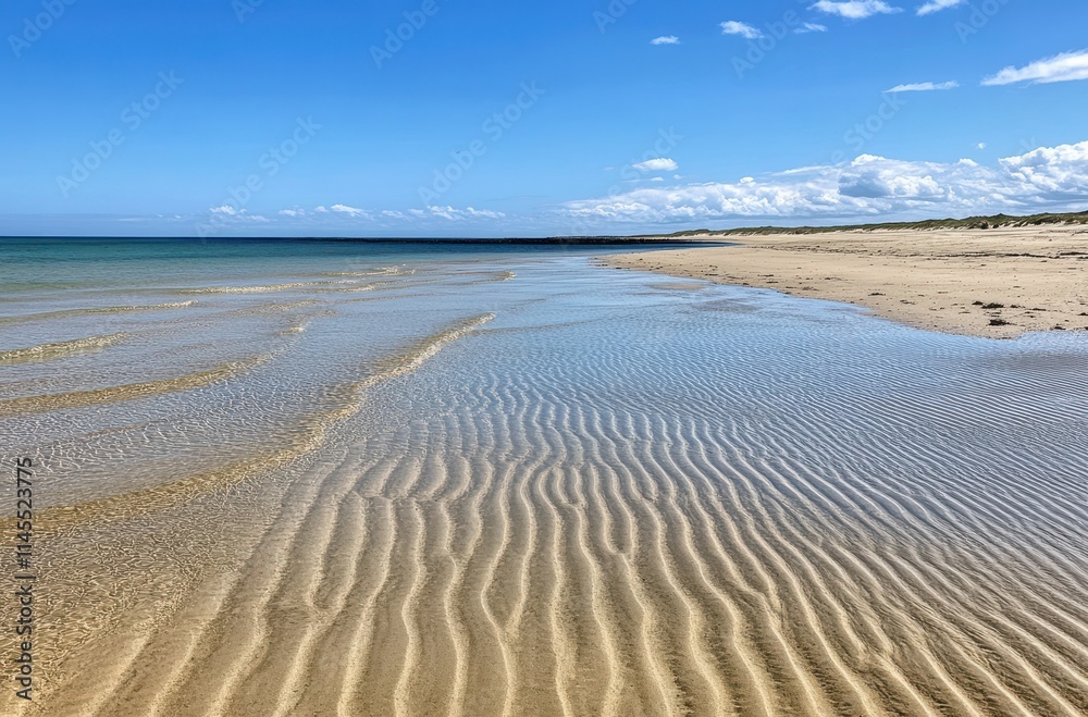 Tranquil Beach Landscape with Gentle Waves and Blue Sky Reflected on Calm Water, Capturing Serene Coastal Beauty and Natural Environment in Bright Daylight Tranquil Beach Landscape with Gentle Waves and Blue Sky Reflected on Calm Water, Capturing Serene Coastal Beauty and Natural Environment in Bright Daylight