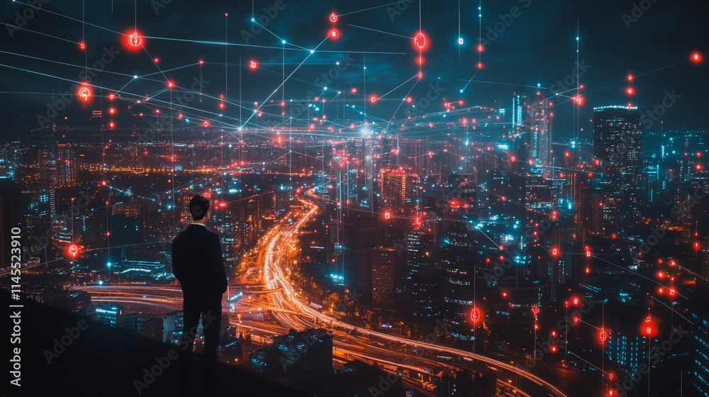 Smart digital city with connection cyber security network reciprocity over the cityscape . future smart wireless digital city and social media networking systems that connects people within the city Smart digital city with connection cyber security network reciprocity over the cityscape . future smart wireless digital city and social media networking systems that connects people within the city