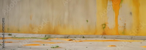 - Yellow painted concrete surface with splashes of orange and green, surface, texture