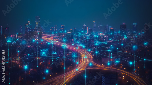 Smart digital city with connection cyber security network reciprocity over the cityscape . future smart wireless digital city and social media networking systems that connects people within the city