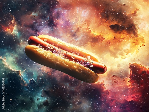 A cosmic hot dog hovering in a galaxy of color splashes, its bun studded with shimmering crystals, no brand labels. photo