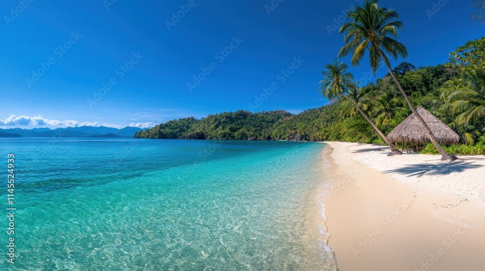 Fototapeta premium Tropical beach paradise with palm trees clear waters scenic view