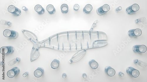 an arrangement of water bottles and glasses to form a whale on a white background. Realistic details, 8K resolution. photo