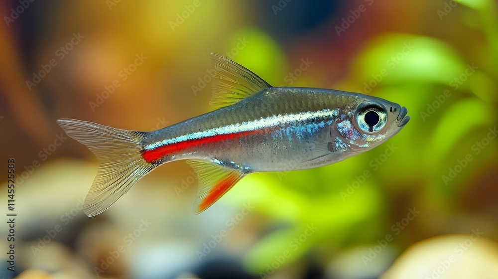 A single Harlequin Rasbora fish swims in an aquarium tank A single Harlequin Rasbora fish swims in an aquarium tank