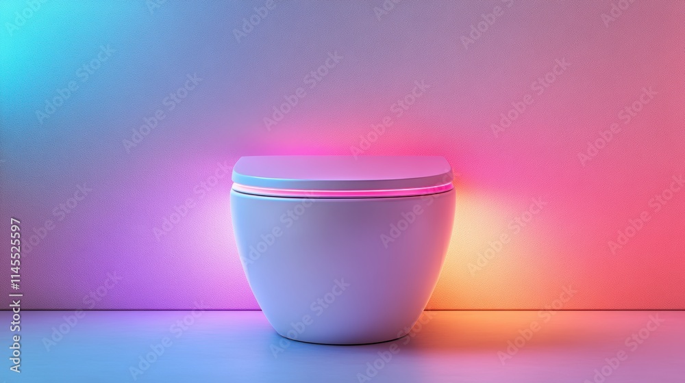 Bowl toilet top and front view, white toilet product, the toilet lid is open, the toilet emits pink light, the whole environment is very bright. white background Bowl toilet top and front view, white toilet product, the toilet lid is open, the toilet emits pink light, the whole environment is very bright. white background