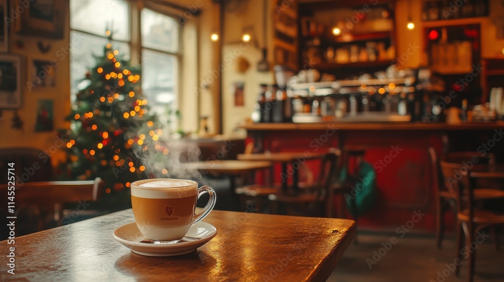 A cozy cafe with a festive tree in the corner and a steaming latte on the counter A cozy cafe with a festive tree in the corner and a steaming latte on the counter
