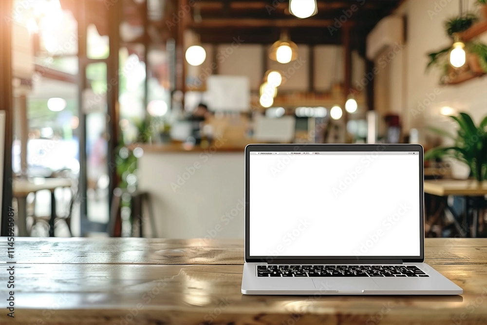 Modern Office Cafe Scene with White Laptop and Blank Screen Mockup Modern Office Cafe Scene with White Laptop and Blank Screen Mockup