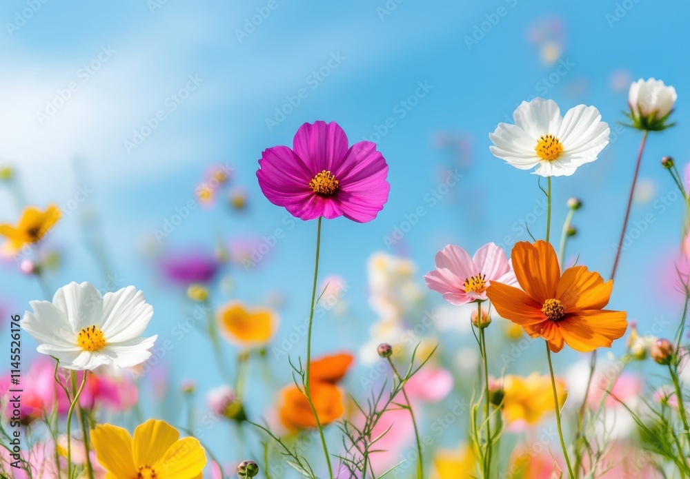 Vibrant Field of Colorful Cosmos Flowers Under a Bright Blue Sky Capturing the Essence of Spring and Nature's Beauty in a Serene Setting Vibrant Field of Colorful Cosmos Flowers Under a Bright Blue Sky Capturing the Essence of Spring and Nature's Beauty in a Serene Setting