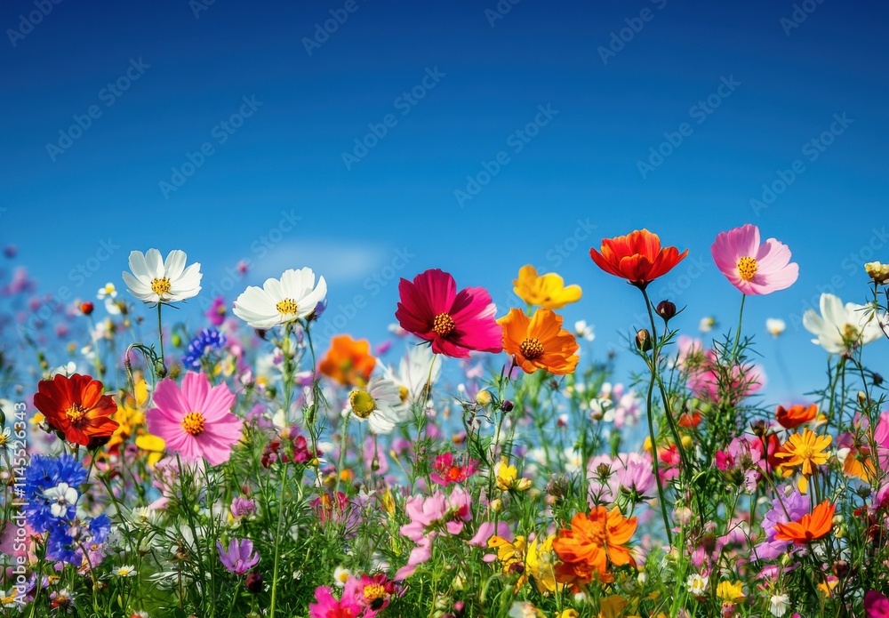 Vibrant Field of Multi-Colored Wildflowers Under a Clear Blue Sky with Soft Clouds Creating a Beautiful Spring Landscape in Nature Vibrant Field of Multi-Colored Wildflowers Under a Clear Blue Sky with Soft Clouds Creating a Beautiful Spring Landscape in Nature
